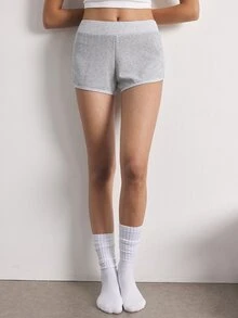 Ocili 女款春夏基礎休閒時尚極簡淺灰色花卉針織羅紋腰低腰收口超短褲居家服 - 灰色 - 查看 4