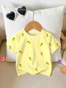 女嬰休閒簡約可愛波點迷你夏季熱帶水果檸檬圖案上衣，奶油黃，田園海灘度假風，短袖圓領，適合夏季圖案、Kawaii、波點、Y2k、軟萌、度假 - 彩色 - 查看 6