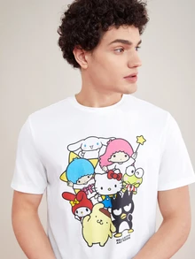 HELLO KITTY AND FRIENDS | SHEIN 男士卡通印花t卹 - 白色 - 查看 4
