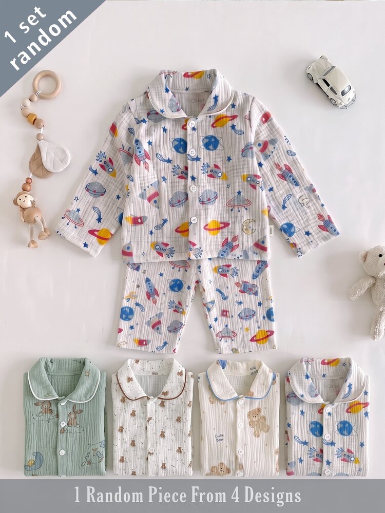 4 Sets Randomly Sent 1 Set Summer Autumn All Season Baby Boy Cute Cartoon Bear Lion Animal Rocket Planet Print Soft Comfortable Double Layer Crinkle Fabric Peter Pan Collar Long Sleeve Pants Loungewear - Multicolor - View 7