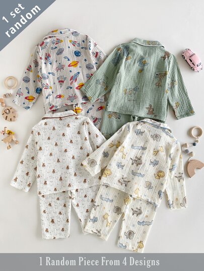 4 Sets Randomly Sent 1 Set Summer Autumn All Season Baby Boy Cute Cartoon Bear Lion Animal Rocket Planet Print Soft Comfortable Double Layer Crinkle Fabric Peter Pan Collar Long Sleeve Pants Loungewear