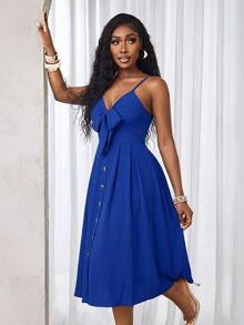 BamGleam Women's Solid Color Holiday Spaghetti Strap Dress Maxi Women Outfit - Royal Blue - View 3