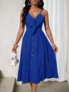 BamGleam Women's Solid Color Holiday Spaghetti Strap Dress Maxi Women Outfit - Royal Blue - View 4