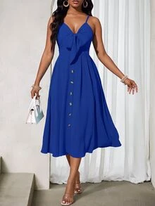 BamGleam Women's Solid Color Holiday Spaghetti Strap Dress Maxi Women Outfit - Royal Blue - View 2
