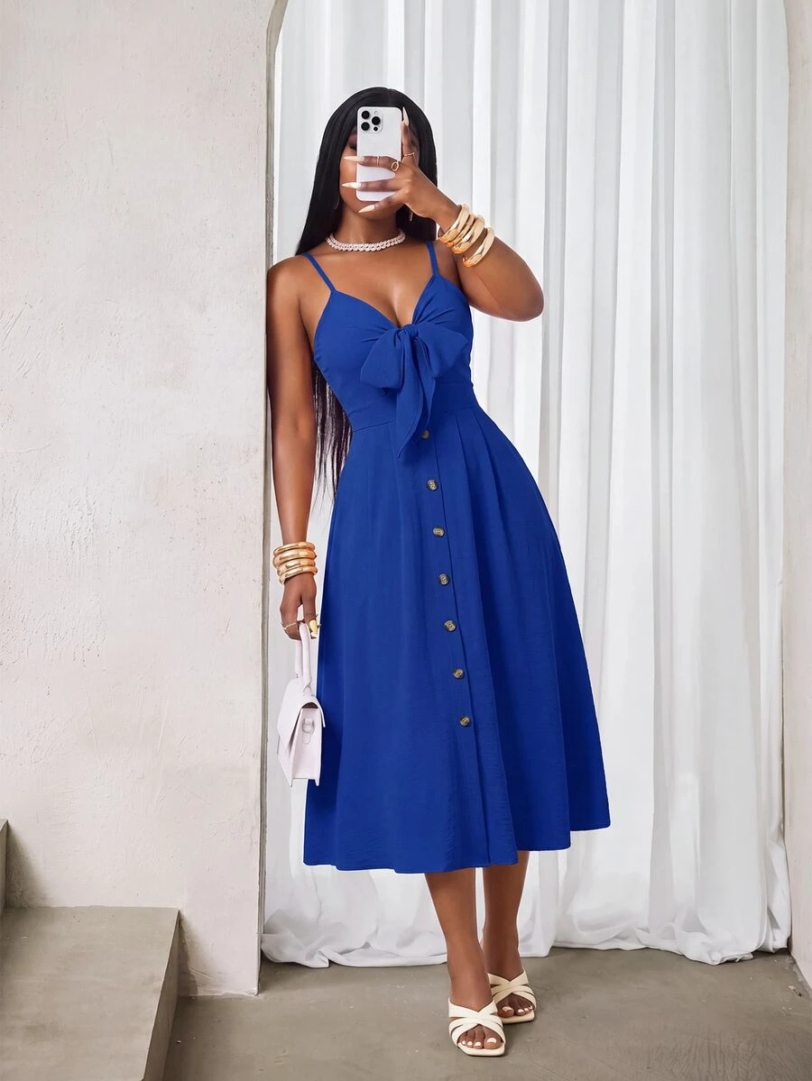 BamGleam Women's Solid Color Holiday Spaghetti Strap Dress Maxi Women Outfit - Royal Blue - View 1