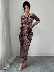 SHEIN Elenzya Women's Elegant Brown V-Neck Long Sleeve High-End Design Ruched Front Midi Dress, Suitable For Dates, Parties, Galas, Balls - Brown - View 5