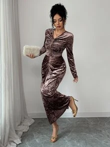 SHEIN Elenzya Women's Elegant Brown V-Neck Long Sleeve High-End Design Ruched Front Midi Dress, Suitable For Dates, Parties, Galas, Balls - Brown - View 4