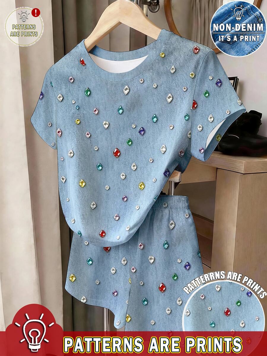 夏季熱銷青少年女孩套裝，仿重磅彩色水鑽牛仔印花，夏季新款短袖T恤+短褲2件套，柔軟牛奶絲面料，圓領短袖+鬆緊腰短褲設計，舒適不緊身，展現活力，適合日常上學、週末出遊或生日派對，讓孩子成為焦點 - 彩色 - 查看 1