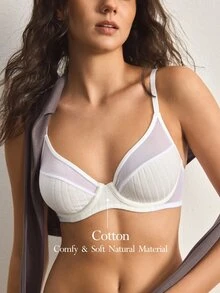 Ocili Thin Mesh Patchwork Sexy Lingerie, Supportive Wireless Bra For Large Bust, Lift And Enhance Appearance - White - View 1