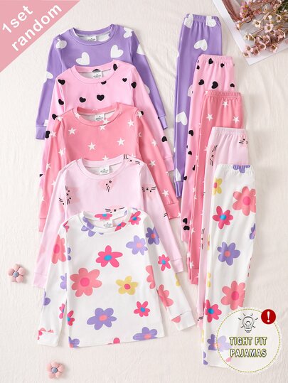 (Blind Box 5 Sets, 1 Random Set Sent) Girls Toddler 2-Piece Knit Crew Neck Long Sleeve Leggings Set, White Pink Purple Deep Pink Cartoon Cute Cat Heart Colorful Flower Star Print, Comfortable Soft Simple Casual Loungewear, All Season Wear