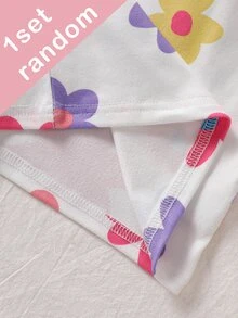(盲盒5套，隨機發送1套) 女童幼兒2件式針織圓領長袖內搭褲套裝，白色粉色紫色深粉色卡通可愛貓咪愛心彩色花朵星星印花，舒適柔軟簡約休閒居家服，四季可穿 - 彩色 - 查看 4
