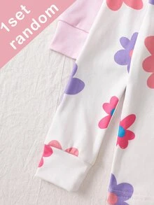 (盲盒5套，隨機發送1套) 女童幼兒2件式針織圓領長袖內搭褲套裝，白色粉色紫色深粉色卡通可愛貓咪愛心彩色花朵星星印花，舒適柔軟簡約休閒居家服，四季可穿 - 彩色 - 查看 5