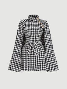 SHEIN MOD Women Winter Coats For Houndstooth Print Cloak Sleeve Overcoat,Business,Hippie,Flared Overcoat - Black and White - View 6