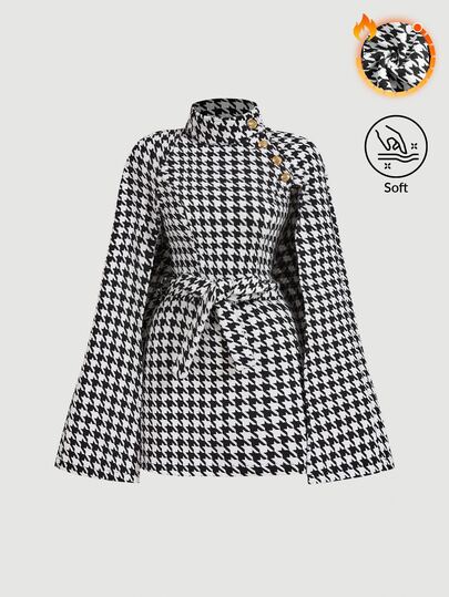 SHEIN MOD Women Autumn Coats For Houndstooth Print Cloak Sleeve Overcoat,Business Mature Elegant,Hippie,Flared Teachers' Day Office Tea Party Black And White