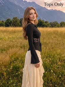 SHEIN MOD Women Long Lace Patchwork Bell Sleeve Blouse.Back To School.Campus - Black - View 2
