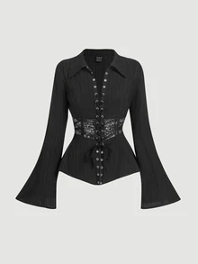SHEIN MOD Women Long Lace Patchwork Bell Sleeve Blouse.Back To School.Campus - Black - View 3