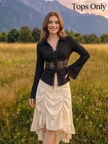 SHEIN MOD Women Long Lace Patchwork Bell Sleeve Blouse.Back To School.Campus - Black - View 1