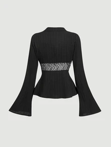SHEIN MOD Women Long Lace Patchwork Bell Sleeve Blouse.Back To School.Campus - Black - View 4