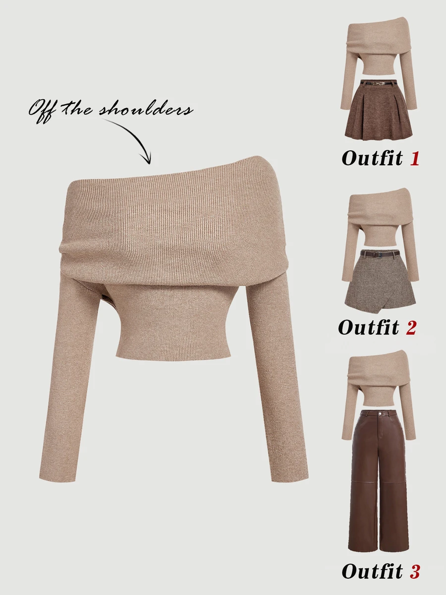 SHEIN MOD 女士优雅卡其色露肩毛衣,适合冬季、圣诞节、新年、派对、休闲场合,露肩设计,秋季女装,冬季女装,女士毛衣 - 卡其色 - 查看 1