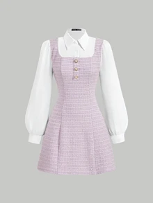 SHEIN MOD Tween Girls 优雅淡紫色拼色翻领灯笼袖二合一连衣裙，秋秋季节，返校季，秋季连衣裙，外出装，淡紫色长袖连衣裙 - 紫丁香色 - 查看 1