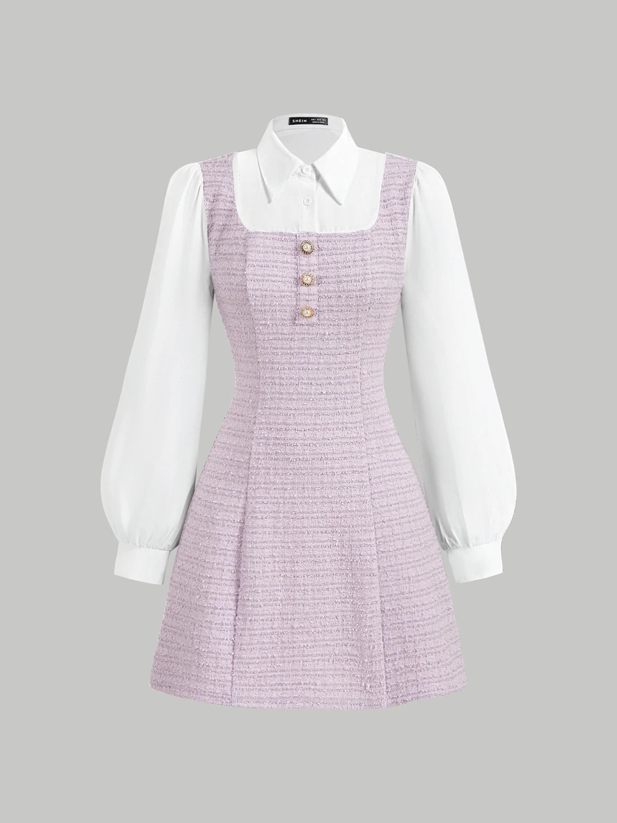 SHEIN MOD Tween Girls 优雅淡紫色拼色翻领灯笼袖二合一连衣裙,秋秋季节,返校季,秋季连衣裙,外出装,淡紫色长袖连衣裙 - 紫丁香色 - 查看 1