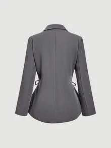SHEIN MOD 2件組復古商務休閒優雅繫帶裝飾長袖上衣與寬腿長褲套裝，夏季教師節辦公室灰色 - 灰色 - 查看 7