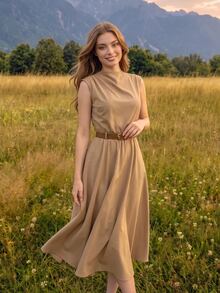 SHEIN MOD 女式纯色无袖连衣裙（配腰带），返校季 - 卡其色 - 查看 5