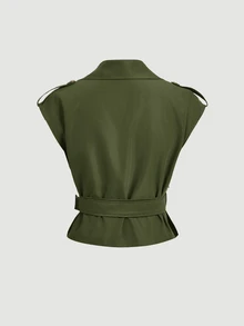 SHEIN MOD Mantel Trench Berkerah dan Berikat Warna Hijau Zaitun, Atasan dengan Gesper, Jaket Retro, Mantel Musim Dingin, Atasan Pakaian Liburan - Hijau Tentara - View 4