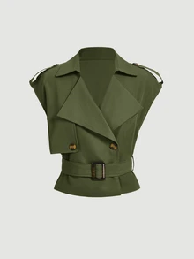SHEIN MOD Mantel Trench Berkerah dan Berikat Warna Hijau Zaitun, Atasan dengan Gesper, Jaket Retro, Mantel Musim Dingin, Atasan Pakaian Liburan - Hijau Tentara - View 3