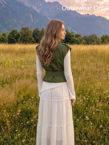 SHEIN MOD Mantel Trench Berkerah dan Berikat Warna Hijau Zaitun, Atasan dengan Gesper, Jaket Retro, Mantel Musim Dingin, Atasan Pakaian Liburan - Hijau Tentara - View 2