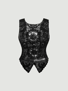 SHEIN MOD 女士休闲纯色镂空针织无袖薄款开衫 - 黑色 - 查看 2