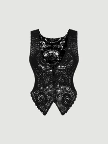 SHEIN MOD 女士休闲纯色镂空针织无袖薄款开衫 - 黑色 - 查看 1