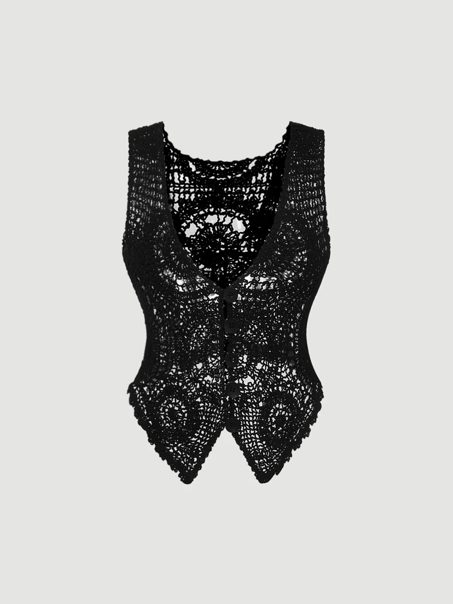 SHEIN MOD 女士休闲纯色镂空针织无袖薄款开衫 - 黑色 - 查看 1