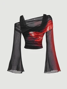 SHEIN MOD 黑色露肩网眼二合一喇叭袖长袖女上衣、节日上衣、新年女装、上衣、复古服装 - 黑色 - 查看 2