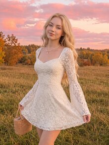 SHEIN MOD 女士白色蕾丝提花喇叭袖短款针织连衣裙，新年女士连衣裙 - 白色 - 查看 6