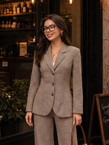 SHEIN MOD Plaid Waist Cinched Women's Long Sleeve Jacket And Pants Casual Suit Set In Fall/Winter,Christmas Clothes For Women,Women's Winter Clothes - Grey - View 10