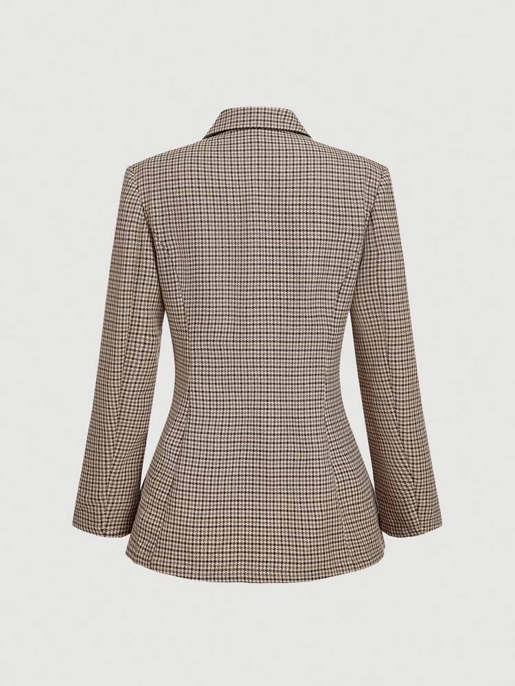 SHEIN MOD 秋冬格纹收腰女士长袖夹克和裤子休闲套装 - 灰色 - 查看 7