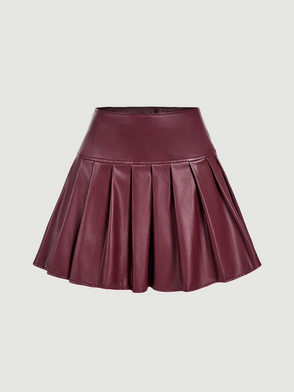 SHEIN MOD 女士酒红色皮革褶裥A字裙，秋冬款，适合早午餐、休闲、优雅、高贵场合，也适合工作、教师、商务等场合。