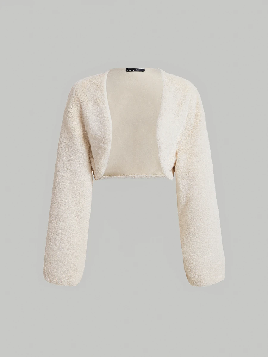 SHEIN MOD 秋冬女士毛绒开襟夹克 - 白色 - 查看 1