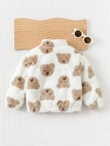 SHEIN 男女嬰幼兒秋冬超厚抓絨內裡立領毛絨外套，寶寶加厚棉服冬裝夾棉外套 - 卡其色 - 查看 2