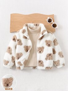 SHEIN 男女嬰幼兒秋冬超厚抓絨內裡立領毛絨外套，寶寶加厚棉服冬裝夾棉外套 - 卡其色 - 查看 1