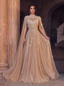 Glamrae 2027 New Fashionable, Elegant, And Luxurious Gown: Featuring Intricate Beadwork, Diamond Embroidery, And 3D Floral Embellishments. Designed With Sheer - Khaki - View 6
