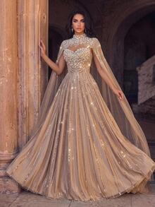 Glamrae 2027 New Fashionable, Elegant, And Luxurious Gown: Featuring Intricate Beadwork, Diamond Embroidery, And 3D Floral Embellishments. Designed With Sheer - Khaki - View 5
