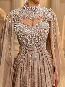 Glamrae 2027 New Fashionable, Elegant, And Luxurious Gown: Featuring Intricate Beadwork, Diamond Embroidery, And 3D Floral Embellishments. Designed With Sheer - Khaki - View 8