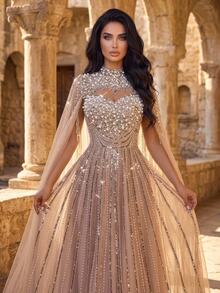 Glamrae 2027 New Fashionable, Elegant, And Luxurious Gown: Featuring Intricate Beadwork, Diamond Embroidery, And 3D Floral Embellishments. Designed With Sheer - Khaki - View 1