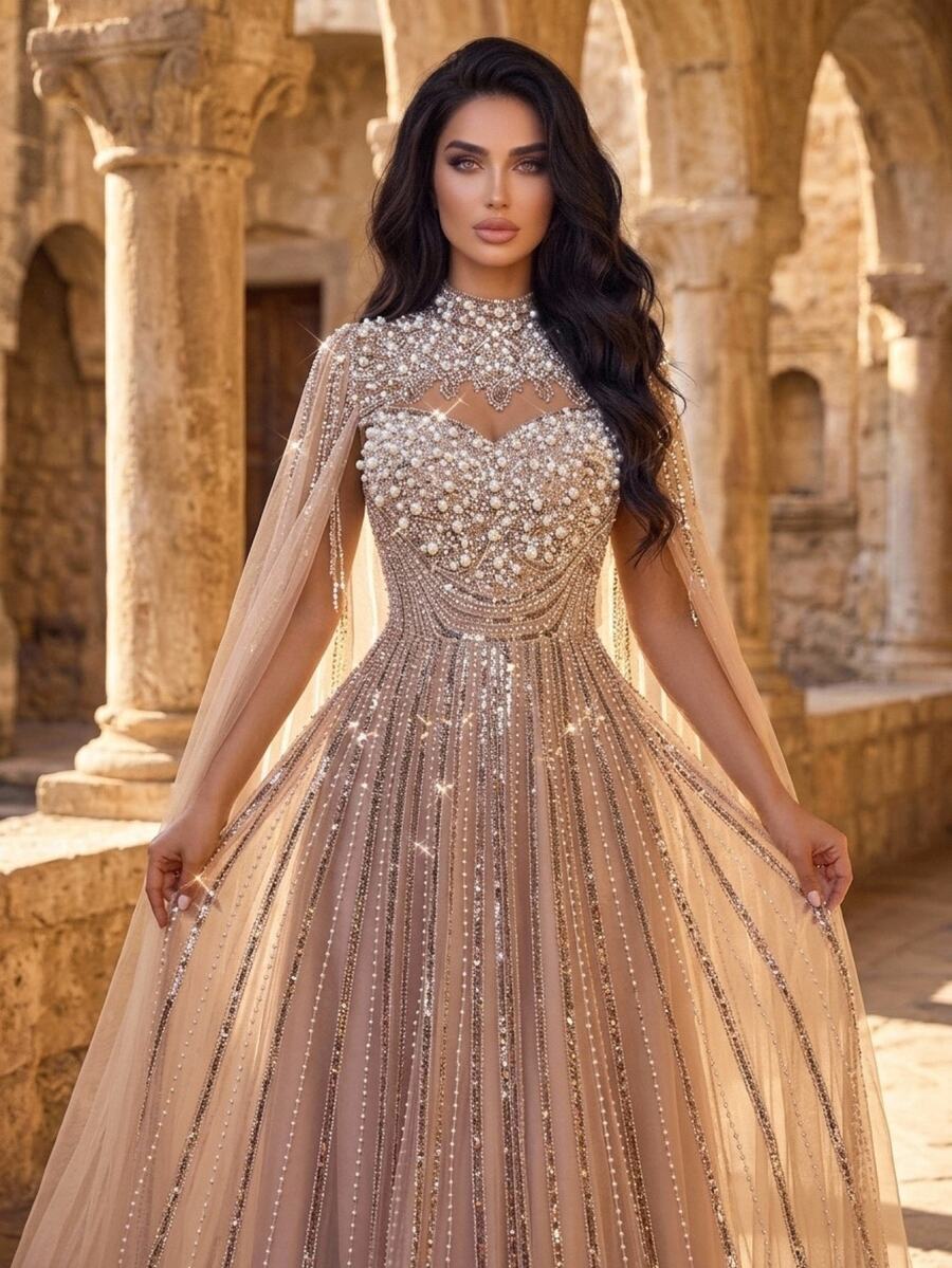 Glamrae 2027 New Fashionable, Elegant, And Luxurious Gown: Featuring Intricate Beadwork, Diamond Embroidery, And 3D Floral Embellishments. Designed With Sheer - Khaki - View 1