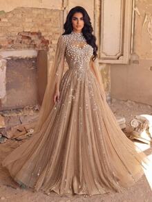 Glamrae 2027 New Fashionable, Elegant, And Luxurious Gown: Featuring Intricate Beadwork, Diamond Embroidery, And 3D Floral Embellishments. Designed With Sheer - Khaki - View 2
