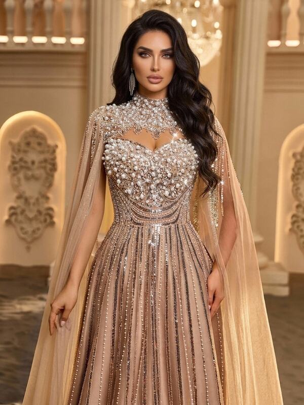 Glamrae Contrast Sequin Mesh Formal Dress With Cape