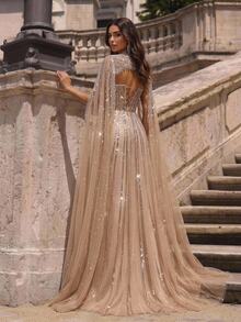 Glamrae 2027 New Fashionable, Elegant, And Luxurious Gown: Featuring Intricate Beadwork, Diamond Embroidery, And 3D Floral Embellishments. Designed With Sheer - Khaki - View 3