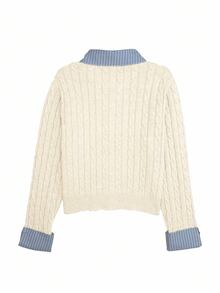 SHEIN 时尚博主风格二合一拼布针织开衫 - 米色 - 查看 8